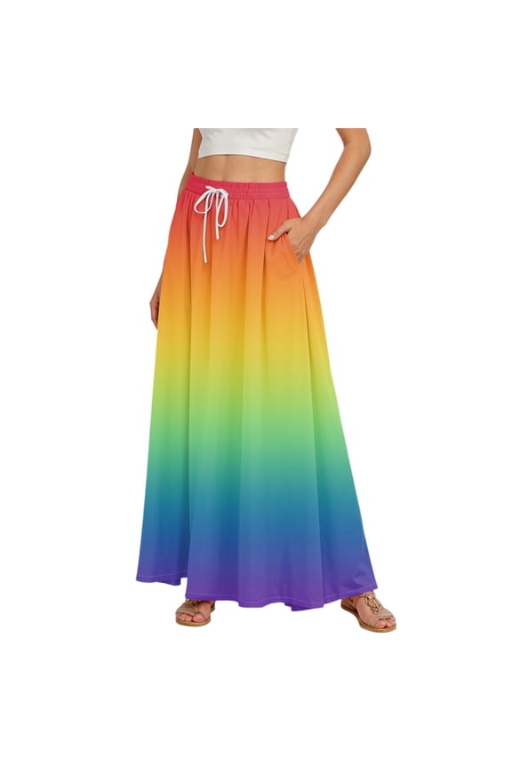 Women's Gradient Print Flowy Flared Maxi Skirt with Ruffle Hem, A-Line Elastic Waist Elegant Tiered Layered Bohemian Long Skirt for Casual Summer Outfits and Beach Events,Multicolor XL