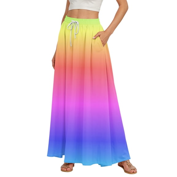 WTOBBY Women's Gradient Print Flowy Flared Maxi Skirt with Ruffle Hem, A-Line Elastic Waist Elegant Tiered Layered Bohemian Long Skirt for Casual Summer Outfits and Beach Events,Purple 2XL