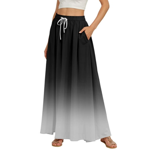 WTOBBY Women's Gradient Print Flowy Flared Maxi Skirt with Ruffle Hem, A-Line Elastic Waist Elegant Tiered Layered Bohemian Long Skirt for Casual Summer Outfits and Beach Events,Black S
