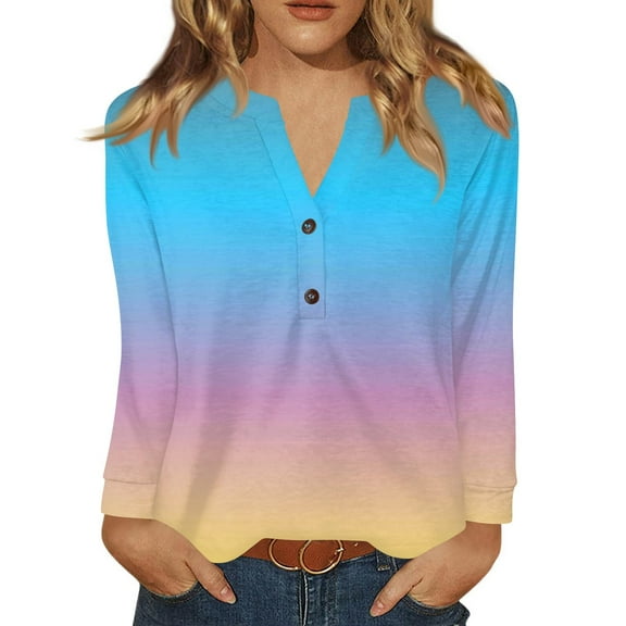 WTOBBY Women's Gradient Print V-Neck Button Down Long Sleeve T-Shirt Top, Casual Fashion Tee for Daily Comfort, Soft Blend Fabric Weekend Style,Sky Blue XL