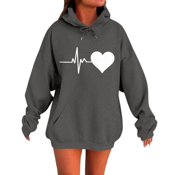 WTOBBY Women's Graphic Print Hooded Sweatshirt Long Sleeve Casual Pullover Top Oversized Fit Fall Fashion Wear for Everyday Street Style,Dark Gray S