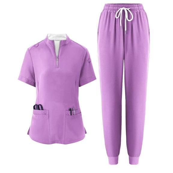WTOBBY Women's Half-Zip High Neck Short Sleeve Scrubs Set, Loose Fit with Pockets, Solid Color Nursing Uniform, Medical Workwear for Caregivers,Light Purple S