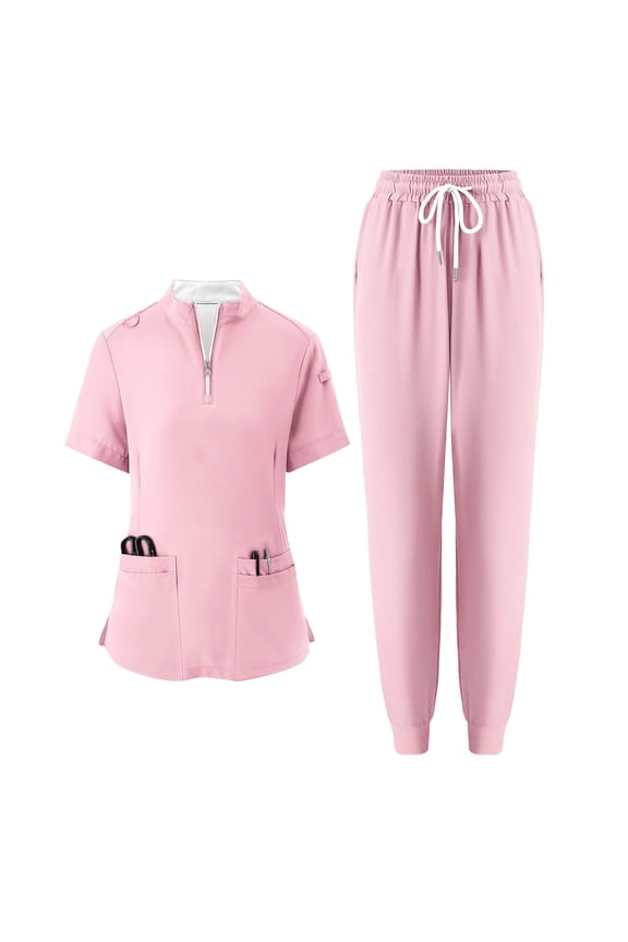 Women's Half-Zip High Neck Short Sleeve Scrubs Set, Loose Fit with Pockets, Solid Color Nursing Uniform, Medical Workwear for Caregivers,Pink 2XL