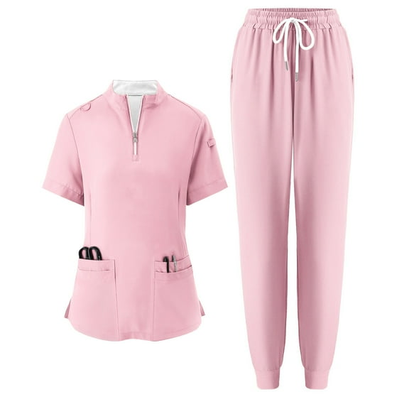 WTOBBY Women's Half-Zip High Neck Short Sleeve Scrubs Set, Loose Fit with Pockets, Solid Color Nursing Uniform, Medical Workwear for Caregivers,Pink L