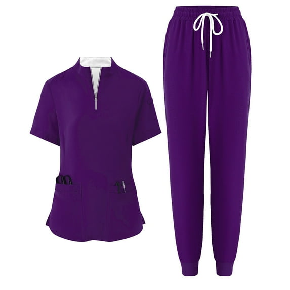 WTOBBY Women's Half-Zip High Neck Short Sleeve Scrubs Set, Loose Fit with Pockets, Solid Color Nursing Uniform, Medical Workwear for Caregivers,Purple 2XL