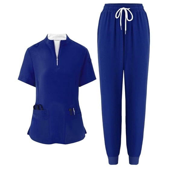 WTOBBY Women's Half-Zip High Neck Short Sleeve Scrubs Set, Loose Fit with Pockets, Solid Color Nursing Uniform, Medical Workwear for Caregivers,Royal Blue L