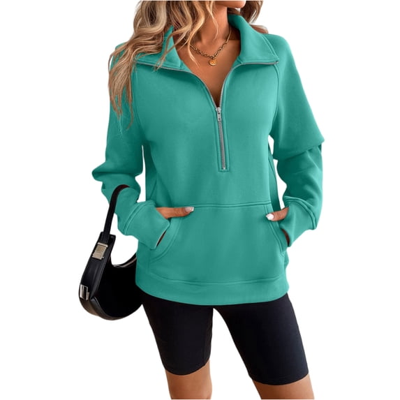 WTOBBY Women's Half Zip Pullover Sweatshirt Blouse, Casual Business Tunic Top with Long Sleeve Round Neck, Fashionable Fall Office Wear Comfortable Stretch Fabric,Green M