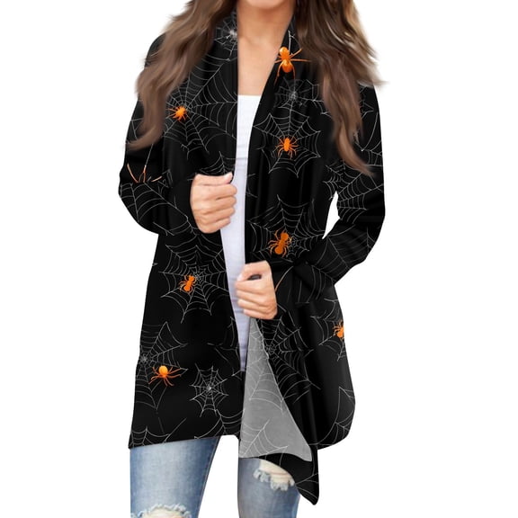 WTOBBY Women's Halloween Bat Pumpkin Print Cardigan Jacket Fashion Casual Long Sleeve Mid-Length Cover Up Top Lightweight Open Front Outerwear,Black L