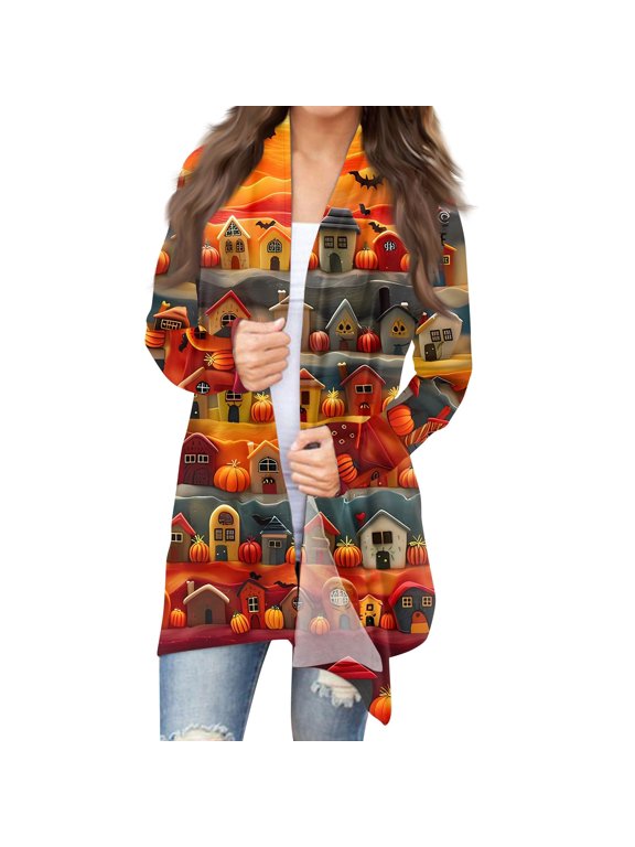 Women's Halloween Bat Pumpkin Print Cardigan Jacket Fashion Casual Long Sleeve Mid-Length Cover Up Top Lightweight Open Front Outerwear,Red 2XL