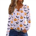 thumbnail image 1 of WTOBBY Women's Halloween Bat & Pumpkin Print V Neck Button Detail Long Sleeve T Shirt, Casual Graphic Tee Top for Daily Wear, Fall Comfort Shirt,Light Purple L, 1 of 4