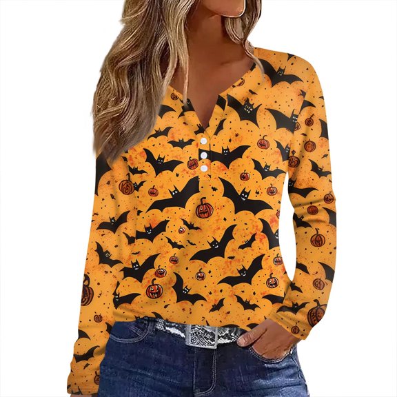 WTOBBY Women's Halloween Bat & Pumpkin Print V Neck Button Detail Long Sleeve T Shirt, Casual Graphic Tee Top for Daily Wear, Fall Comfort Shirt,Orange M