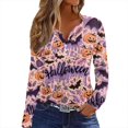 thumbnail image 1 of WTOBBY Women's Halloween Bat & Pumpkin Print V Neck Button Detail Long Sleeve T Shirt, Casual Graphic Tee Top for Daily Wear, Fall Comfort Shirt,Purple XL, 1 of 4