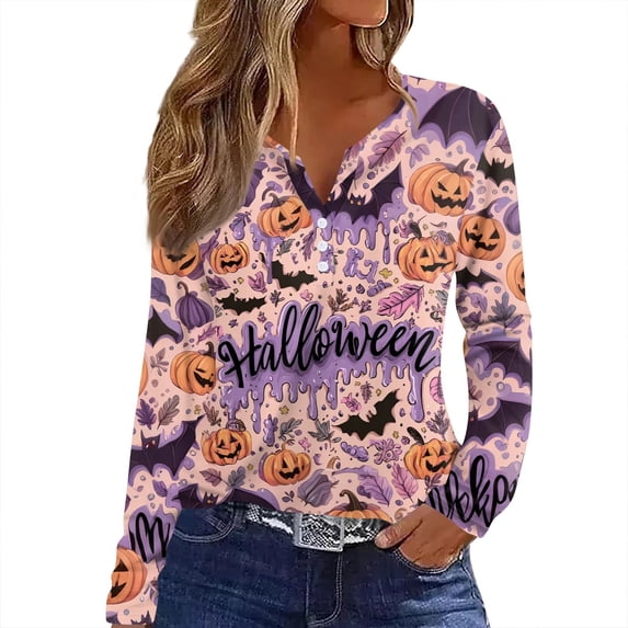 WTOBBY Women's Halloween Bat & Pumpkin Print V Neck Button Detail Long Sleeve T Shirt, Casual Graphic Tee Top for Daily Wear, Fall Comfort Shirt,Purple XL
