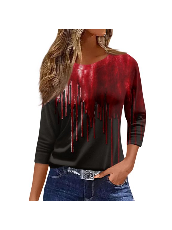Women's Halloween Element Print Round Neck Top with 3/4 Sleeve, Casual Loose Fit Fashion Blouse for Fall Season, Comfortable Daily Wear and Holiday,Dark Gray 2XL
