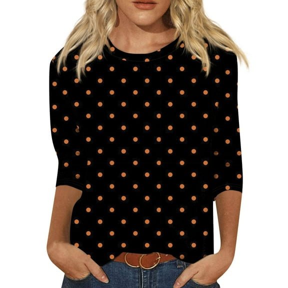 WTOBBY Women's Halloween Graphic Print Pullover Top with 3/4 Sleeve, Casual Plus Size Fashion Tee for Fall Season, Comfortable Blouse and Daily Wear Apparel,Earthy Yellow 5XL