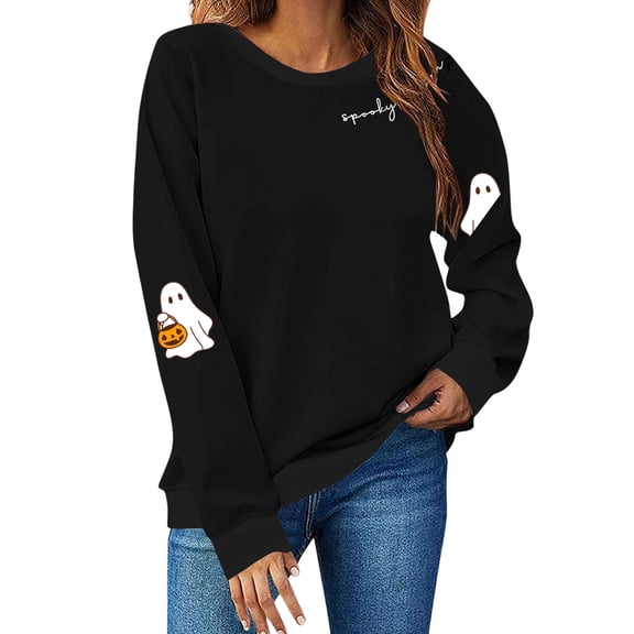 WTOBBY Women's Halloween Graphic Print Sweatshirt, Casual Comfort Long Sleeve Loose Fit Pullover, Spooky Season Fun Top with Lightweight Fabric,Black S