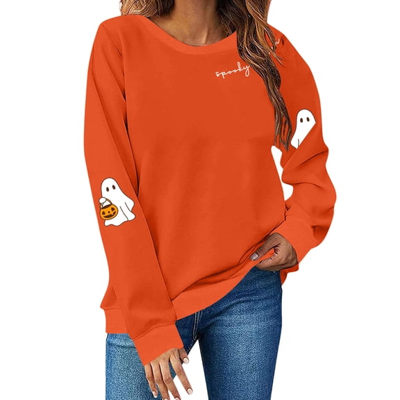 WTOBBY Women's Halloween Graphic Print Sweatshirt, Casual Comfort Long Sleeve Loose Fit Pullover, Spooky Season Fun Top with Lightweight Fabric,Saffron S
