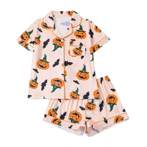 WTOBBY Women's Halloween Graphic Shirt and Shorts Lounge Set, Soft Casual Pajama Outfit for Holiday and Seasonal Wear at Home,Complexion M