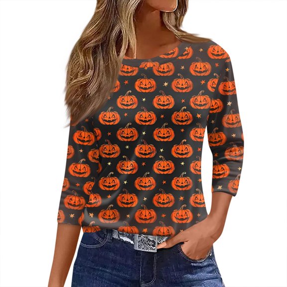 WTOBBY Women's Halloween Graphic Tee: Spiders Bats Pumpkins Printed Round Neck 3/4 Sleeve Casual T-Shirt Top for Fall Seasonal Wardrobe,Saffron M