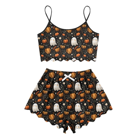 WTOBBY Women's Halloween Pajamas Set Retro Floral Print Sleeveless Adjustable Straps Vest and Shorts Two-Piece Comfortable Sleepwear for Women Home Wear Lounge Outfit,White L