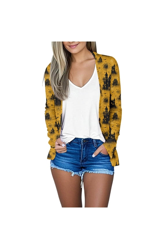 Women's Halloween Print Cardigan Long Sleeve Open Front Knit Sweater Casual Mid Length Cover Up with Pockets Spooky Design Fall Novelty Outerwear,Yellow XL