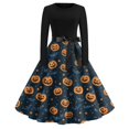 thumbnail image 1 of WTOBBY Women's Halloween Print Flare Dress with Spider Bat Pumpkin Pattern, Round Neck, Long Sleeves, and Hollow Party Design for Casual Retro Fashion ,Navy M, 1 of 5