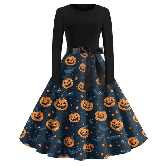 WTOBBY Women's Halloween Print Flare Dress with Spider Bat Pumpkin Pattern, Round Neck, Long Sleeves, and Hollow Party Design for Casual Retro Fashion ,Navy S