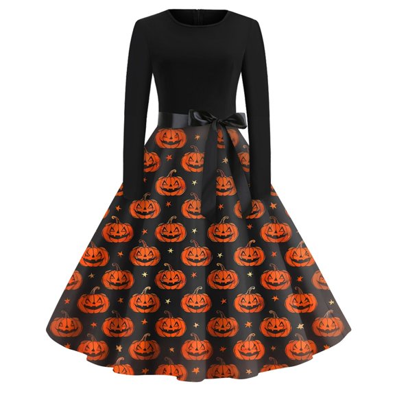 WTOBBY Women's Halloween Print Flare Dress with Spider Bat Pumpkin Pattern, Round Neck, Long Sleeves, and Hollow Party Design for Casual Retro Fashion ,Saffron S