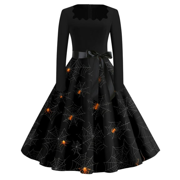 WTOBBY Women's Halloween Print Flare Dress with Spider Bat Pumpkin Pattern, Square Neck, Long Sleeves, and Hollow Party Design for Retro Casual Fashion ,Black S