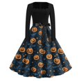 thumbnail image 1 of WTOBBY Women's Halloween Print Flare Dress with Spider Bat Pumpkin Pattern, Square Neck, Long Sleeves, and Hollow Party Design for Retro Casual Fashion ,Navy 2XL, 1 of 4