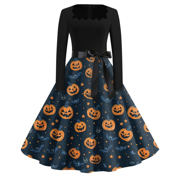 WTOBBY Women's Halloween Print Flare Dress with Spider Bat Pumpkin Pattern, Square Neck, Long Sleeves, and Hollow Party Design for Retro Casual Fashion ,Navy S