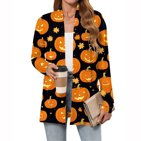 WTOBBY Women's Halloween Print Lightweight Open Front Cardigan Long Sleeve Casual Loose Thin Cover Up With Pockets Fall Batwing Sweater Top,Orange S