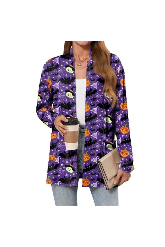 Women's Halloween Print Lightweight Open Front Cardigan Sweater Long Sleeve Casual Loose Thin Knit With Pockets Fall Batwing Cover Up Outerwear,Purple XL