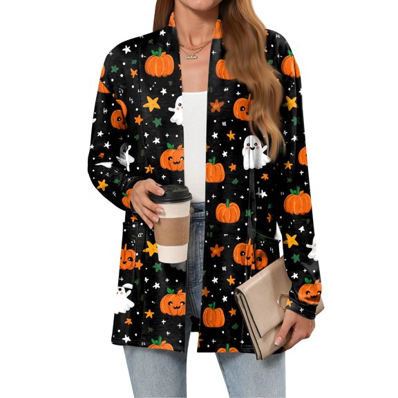 WTOBBY Women's Halloween Print Lightweight Open Front Cardigan Sweater Long Sleeve Casual Loose Thin Knit With Pockets Fall Batwing Cover Up Outerwear,Saffron 2XL