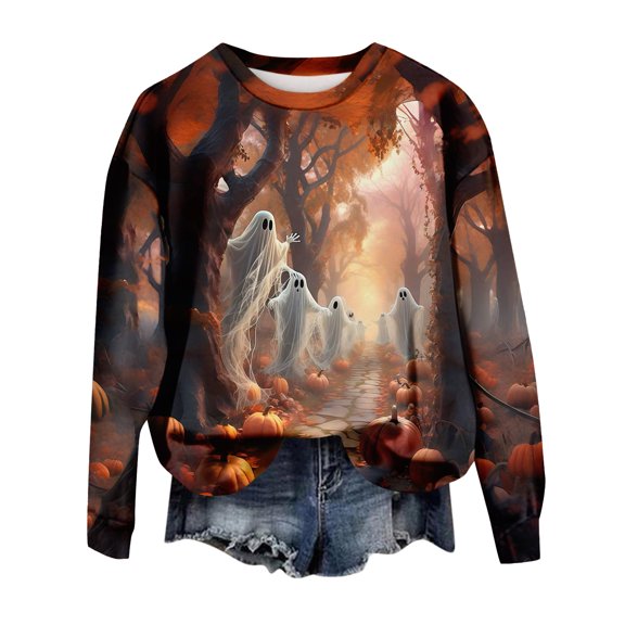 WTOBBY Women's Halloween Print Long Sleeve Pullover Top, Casual Crewneck Blouse for Fall, Festive Holiday Sweater with Spooky Design, Comfortable Wear,Saffron S