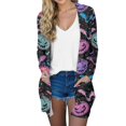 thumbnail image 1 of WTOBBY Women's Halloween Print Mid-Length Cardigan Jacket Casual Fashion Comfortable Open Front Long Sleeve Cover Up With Pockets Fall Outerwear,Dark Blue 2XL, 1 of 7