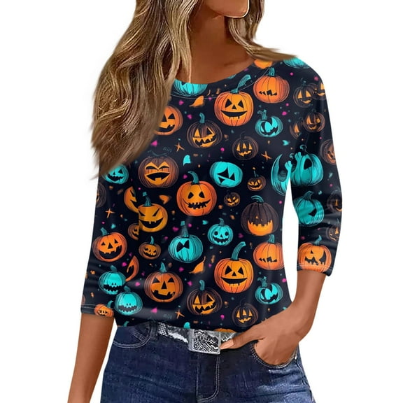 WTOBBY Women's Halloween Print Round Neck 3/4 Sleeve Casual T-Shirt Top Loose Fit Fashion Tee for Fall Daily Wear and Holiday Celebration,Blue S