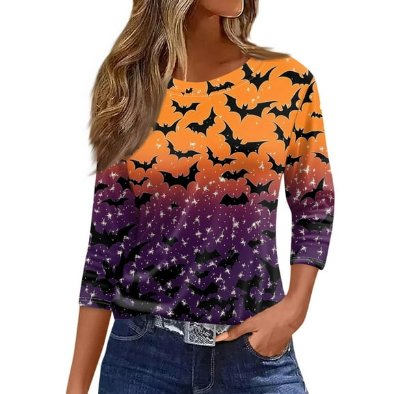 WTOBBY Women's Halloween Print Round Neck 3/4 Sleeve Casual T-Shirt Top Loose Fit Fashion Tee for Fall Daily Wear and Holiday Celebration,Orange M