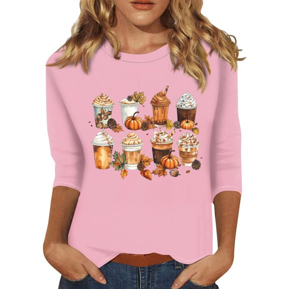 WTOBBY Women's Halloween Print Round Neck Casual Top with 3/4 Sleeve, Loose Fit Fashion Blouse for Fall Season, Comfortable Daily Wear and Holiday Party,Pink M