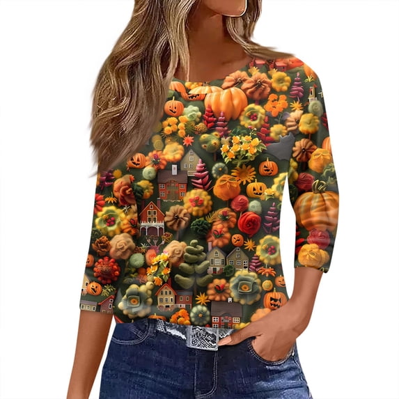 WTOBBY Women's Halloween Print Tee: Bats Pumpkins Witches Design 3/4 Sleeve Round Neck Casual T-Shirt Top for Fall Festive Daily Wear,Fluorescent Green 2XL