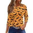 thumbnail image 1 of WTOBBY Women's Halloween Print Tee: Bats Pumpkins Witches Design 3/4 Sleeve Round Neck Casual T-Shirt Top for Fall Festive Daily Wear,Orange S, 1 of 4