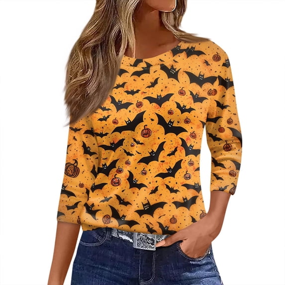 WTOBBY Women's Halloween Print Tee: Bats Pumpkins Witches Design 3/4 Sleeve Round Neck Casual T-Shirt Top for Fall Festive Daily Wear,Orange S