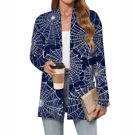 WTOBBY Women's Halloween Printed Cardigan Sweater Lightweight Open Front Long Sleeve Casual Loose Thin Cover Up With Pockets Fall Fashion Top,Light Blue 2XL