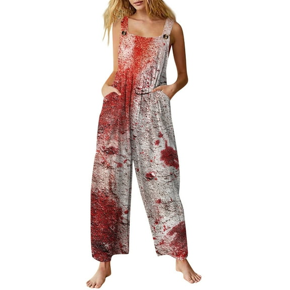 WTOBBY Women's Halloween Printed Cotton Jumpsuit, Sleeveless Casual Design with Loose Fit for Breathability, Perfect for Comfortable Everyday Wear,WineM