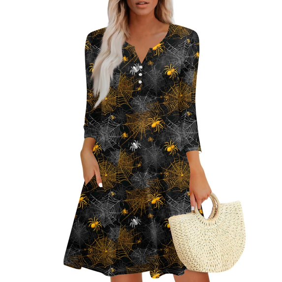 WTOBBY Women's Halloween Printed Fashionable V-Neck Button 3/4 Sleeve Pocket Dress - Spooky and Chic Dress with V-Neck Design, Ideal for Halloween Parties,Black L