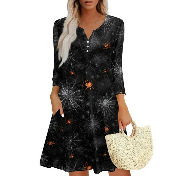WTOBBY Women's Halloween Printed Fashionable V-Neck Button 3/4 Sleeve Pocket Dress - Spooky and Chic Dress with V-Neck Design, Ideal for Halloween Parties,Blue L