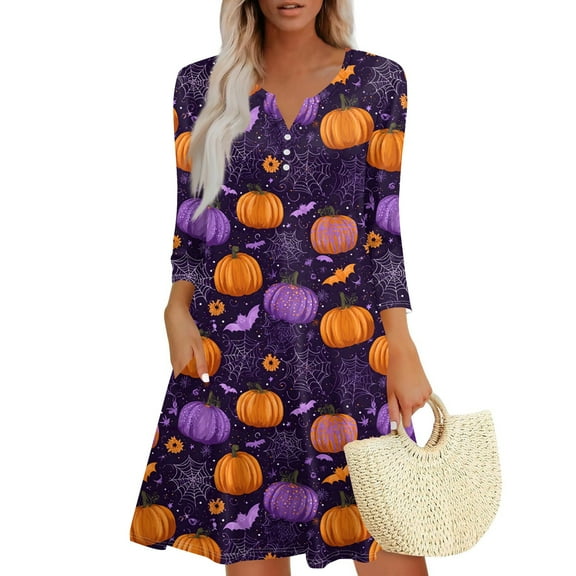 WTOBBY Women's Halloween Printed Fashionable V-Neck Button 3/4 Sleeve Pocket Dress - Spooky and Chic Dress with V-Neck Design, Ideal for Halloween Parties,Purple S