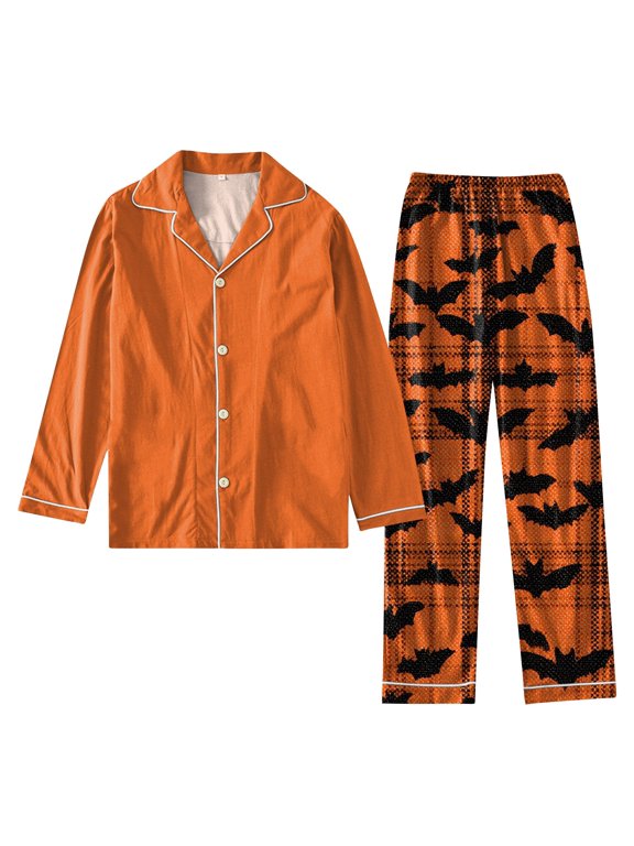 Women's Halloween Printed Home Suit, 2 Piece Long Sleeve Button Up Top and Wide Leg Pants Set, Loose Fit Casual Pajamas for Women, Comfortable Sleepwear for Fun Nights,Orange S