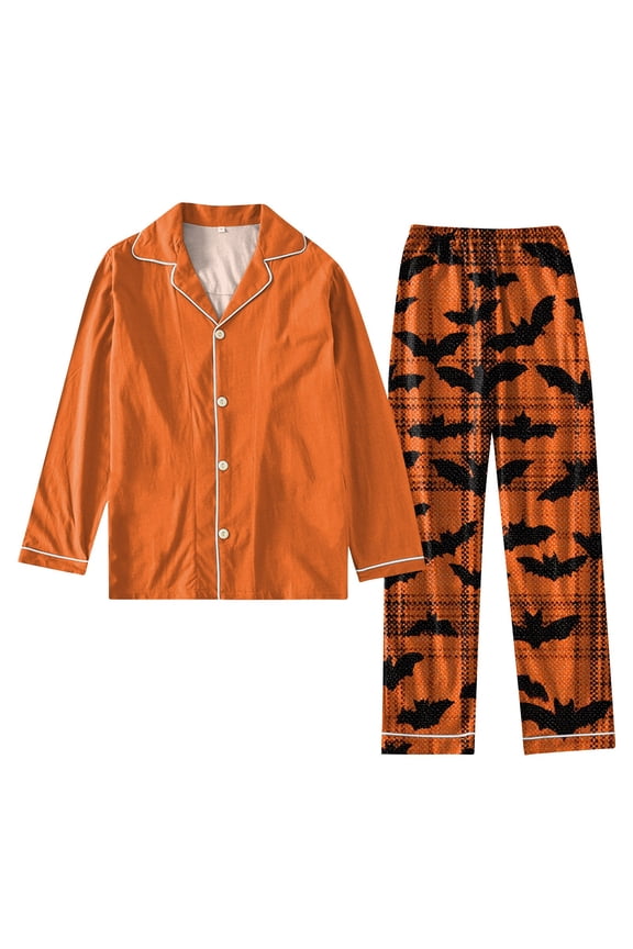 Women's Halloween Printed Home Suit, 2 Piece Long Sleeve Button Up Top and Wide Leg Pants Set, Loose Fit Casual Pajamas for Women, Comfortable Sleepwear for Fun Nights,Orange S