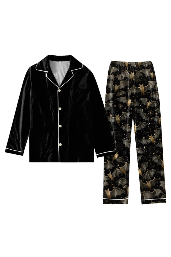 Women's Halloween Printed Home Suit, 2 Piece Long Sleeve Button Up Top and Wide Leg Pants Set, Loose Fit Casual Pajamas for Women, Comfortable Sleepwear for Fun Nights,Black S